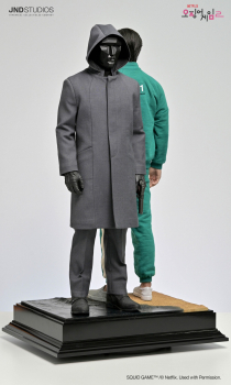 thumbnail image 2 of Squid Game Front Man Coat - Men's Black Faux Leather Trench Coat, All Sizes Available 2 of 4